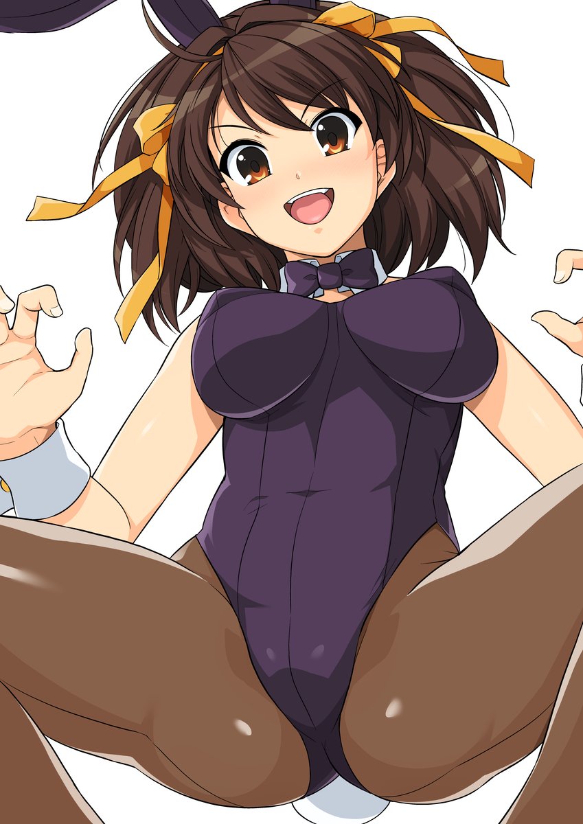 1girl animal_ears bangs black_bow black_bowtie black_leotard blush bow bowtie breasts brown_eyes brown_hair brown_legwear covered_navel cowboy_shot detached_collar eyebrows_visible_through_hair hair_bow hair_ornament hairband hands_up haruhisky highres large_breasts leotard looking_at_viewer medium_hair open_mouth orange_bow orange_hairband pantyhose rabbit_ears rabbit_tail sidelocks simple_background smile solo spread_legs suzumiya_haruhi suzumiya_haruhi_no_yuuutsu swept_bangs tail teeth upper_teeth v-shaped_eyebrows white_background wrist_cuffs