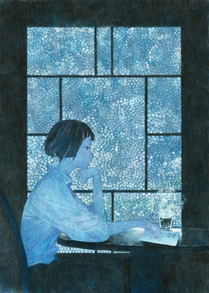 1girl backlighting bangs black_eyes black_hair blue_theme book chair clenched_hand coffee collared_shirt colored_pencil_(medium) cup curled_fingers downscaled drink drinking_glass elbow_rest expressionless feet_out_of_frame from_side fuyuno_kamome glass head_rest holding holding_book indoors long_sleeves looking_away mole mole_under_eye on_chair original outstretched_arm profile puffy_long_sleeves puffy_sleeves resized shirt shirt_tucked_in short_bangs short_hair sitting sleeves_past_elbows solo stained_glass steam traditional_media white_shirt window wooden_table
