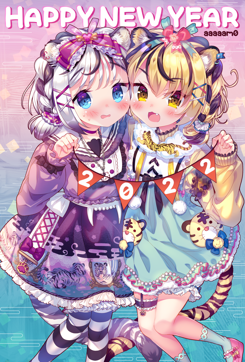 2022 2girls :d amo_(shibu3) animal_ear_fluff animal_ears black_hair blonde_hair blue_background blue_eyes blue_legwear blue_skirt blush bow brown_eyes chinese_zodiac commentary_request egasumi fang feet_out_of_frame frilled_skirt frills fur_collar gradient gradient_background green_bow hair_bow happy_new_year high-waist_skirt highres holding long_sleeves multicolored_hair multiple_girls nengajou new_year original pantyhose parted_lips pennant pink_background pink_footwear puffy_long_sleeves puffy_sleeves purple_shirt purple_skirt red_bow shirt shoes silver_hair skirt sleeves_past_wrists smile socks streaked_hair string_of_flags striped striped_legwear sweat tail tiger_ears tiger_girl tiger_tail wavy_mouth year_of_the_tiger yellow_shirt