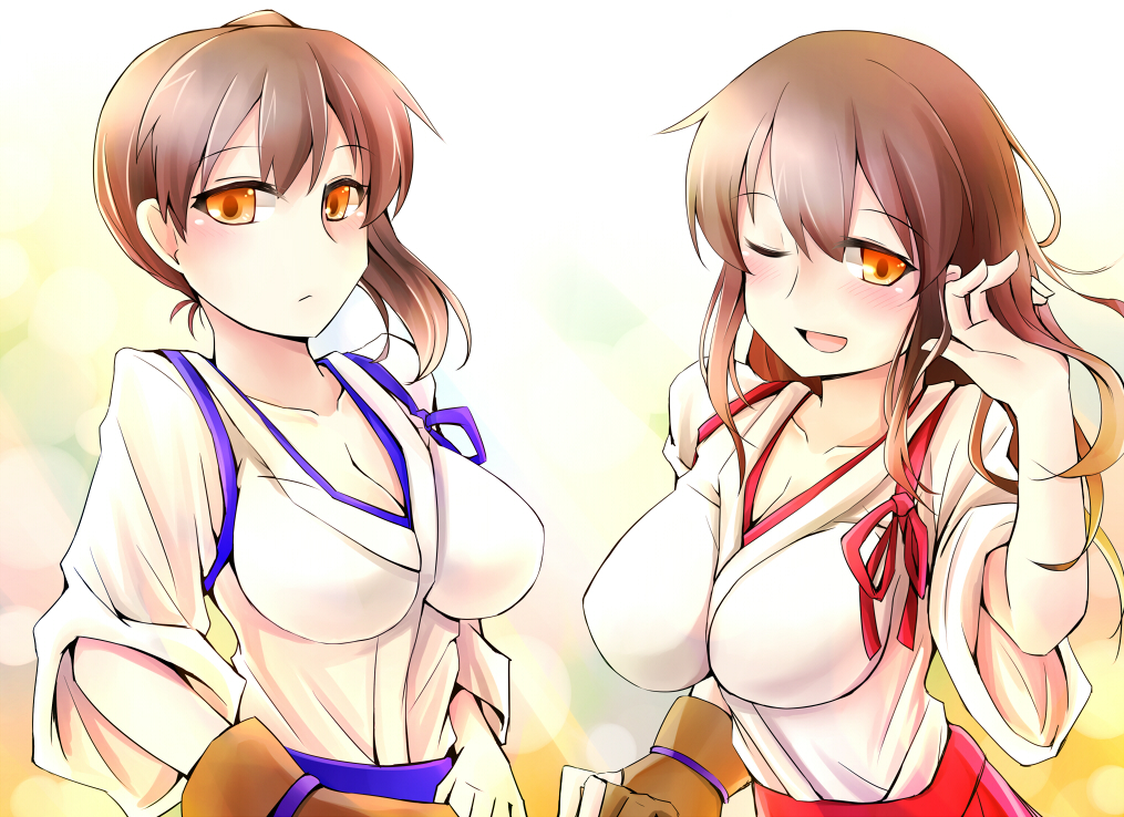 2girls akagi_(kantai_collection) bangs black_legwear blue_hakama blush border brown_eyes brown_gloves brown_hair closed_mouth clouds flight_deck gloves hakama japanese_clothes kaga_(kantai_collection) kantai_collection long_hair multiple_girls muneate partly_fingerless_gloves ponytail red_hakama side_ponytail single_glove tasuki thigh-highs white_legwear yugake yuri zuishi