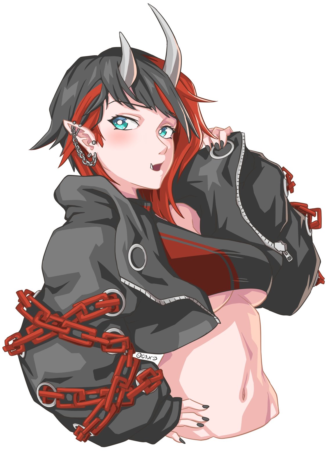 1girl bangs black_hair black_jacket black_nails black_sports_bra blue_eyes blush breasts chain commentary cropped_jacket cropped_torso demon_girl demon_horns ear_chain ear_piercing english_commentary grunt_(tnurg) hand_on_hip highres horns jacket large_breasts looking_at_viewer midriff multicolored_hair nail_polish navel open_clothes open_jacket open_mouth piercing pointy_ears red_sports_bra redhead ryugasaki_rene short_hair signature simple_background solo sports_bra sugar_lyric two-tone_hair under_boob upper_body virtual_youtuber white_background zipper