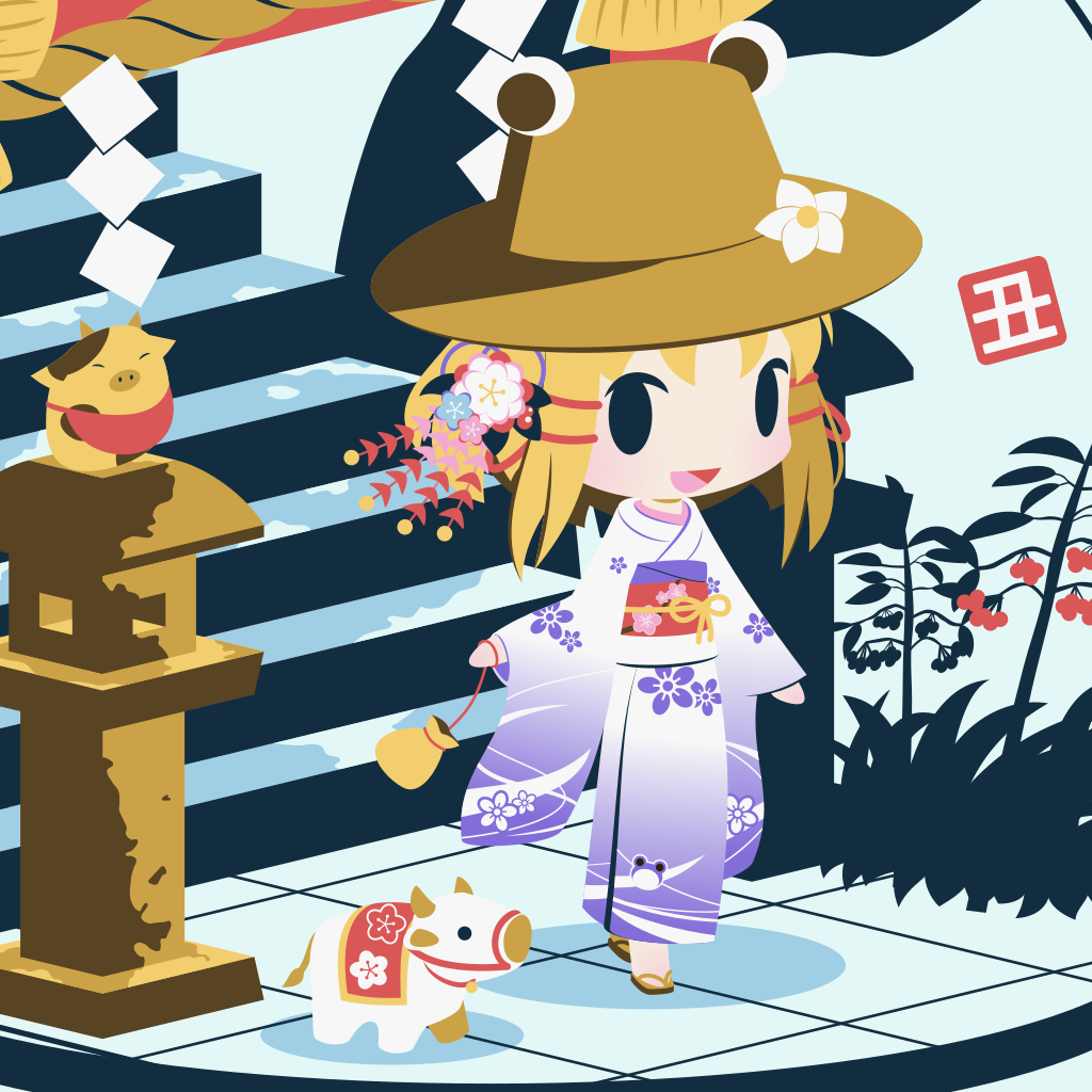 1girl alternate_costume bangs black_eyes blonde_hair blue_background brown_headwear chinese_zodiac cobalta cow floral_print full_body gradient_kimono japanese_clothes kimono long_sleeves looking_at_viewer moriya_suwako new_year open_mouth outdoors plant purple_kimono red_sash rope sandals sash shide shimenawa sidelocks simple_background smile solo stairs standing statue touhou wide_sleeves year_of_the_ox