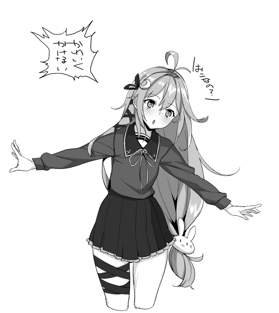1girl :o ahoge antenna_hair bangs bunny_hair_ornament crescent crescent_hair_ornament eyebrows_visible_through_hair greyscale hair_between_eyes hair_ornament hair_ribbon kantai_collection long_hair long_sleeves low-tied_long_hair monochrome parted_lips pleated_skirt ribbon sailor_collar simple_background skirt solo sowitchraw_(cellphiena) thigh_strap translation_request uzuki_(kancolle)