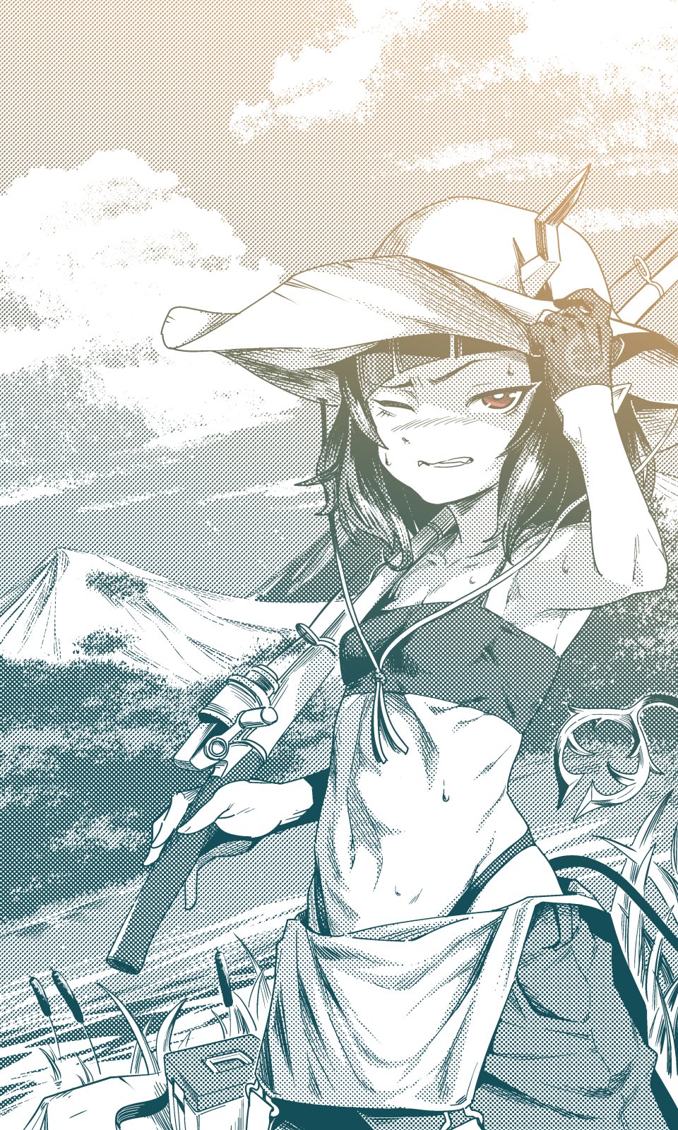 1girl bangs black_hair breasts camisole cattail clenched_teeth clouds commentary_request cowboy_shot crop_top day demon_girl demon_horns demon_tail dutch_angle fang fang_out fishing_rod gloves hat highleg highleg_panties highres holding holding_fishing_rod horns hot limited_palette medium_hair midriff mountain multicolored_hair nantyu-a navel one_eye_closed outdoors panties partially_fingerless_gloves plant pointy_ears red_eyes shishio_chris small_breasts solo sugar_lyric sun_hat sweat tail teeth two-tone_hair ultimate_fishing_simulator underwear virtual_youtuber