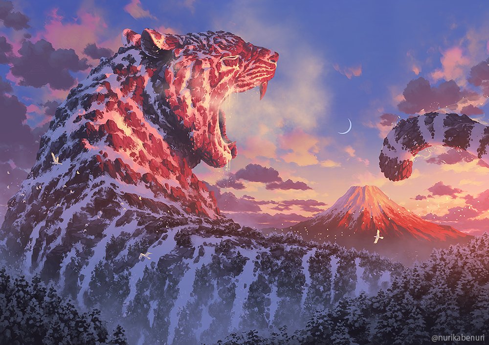 artist_name bird blue_sky chinese_zodiac clouds commentary_request crescent_moon day fangs gradient_sky moon mountain no_humans nurikabe_(mictlan-tecuhtli) original outdoors scenery sky tiger twitter_username volcano year_of_the_tiger