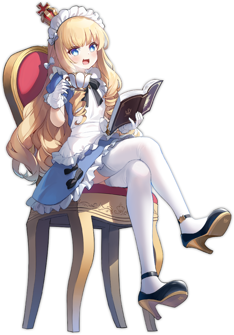 1girl apron artist_request azur_lane bangs bird blonde_hair blue_eyes book boots chair crossed_legs crown cup dove drill_hair eyebrows_behind_hair fang frilled_apron frilled_skirt frills full_body gloves gold_trim hat high_heels holding holding_book long_hair maid maid_headdress mini_crown official_alternate_costume official_art open_mouth queen_elizabeth_(azur_lane) queen_elizabeth_(yes_your_maidness!)_(azur_lane) railing sitting skirt sky table teacup thigh-highs transparent_background white_apron white_gloves white_legwear