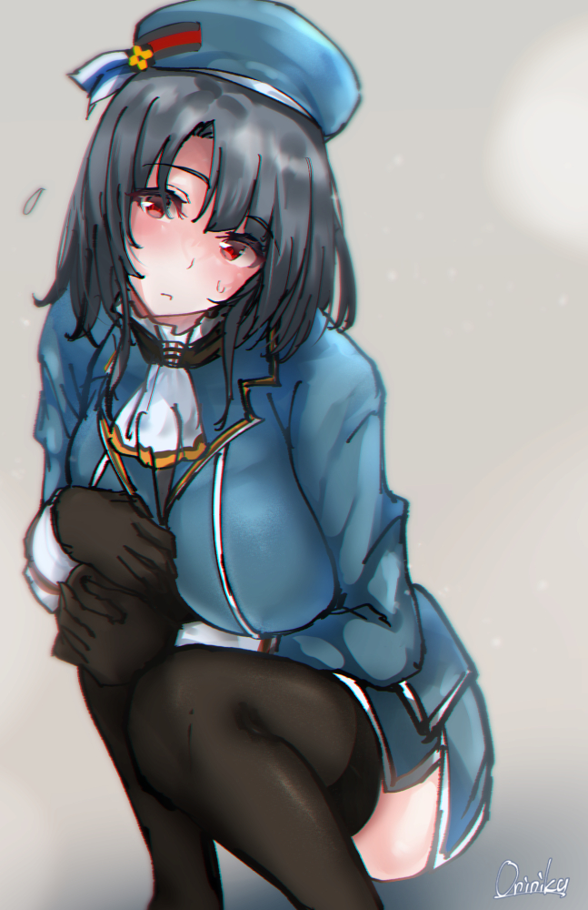 1girl arm_under_breasts bangs beret black_gloves black_hair blue_headwear breasts closed_mouth gloves grey_background hat high_collar highres kantai_collection large_breasts military military_uniform oniniku red_eyes short_hair takao_(kantai_collection) uniform white_neckwear