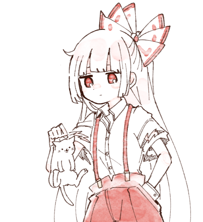 ._. 1girl :3 :| animal bangs blunt_bangs bow cat closed_mouth collared_shirt dot_nose dress_shirt expressionless from_side fujiwara_no_mokou hair_bow half_updo hand_in_pocket hand_up hatching_(texture) high-waist_pants holding holding_animal holding_cat itomugi-kun jitome linear_hatching long_hair looking_at_viewer negative_space no_pupils pants red_eyes red_pants shirt shirt_tucked_in short_sleeves simple_background solo straight_hair suspenders torn_clothes torn_sleeves touhou upper_body very_long_hair white_background white_bow white_cat white_hair white_shirt wing_collar wrist_cuffs