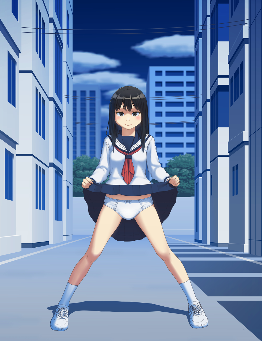 1girl bangs black_eyes black_hair blouse blue_sailor_collar blue_skirt blue_sky blush bow bow_panties building closed_mouth clothes_lift clouds cloudy_sky commentary cross-laced_footwear crotch_seam day highres lifted_by_self long_hair long_sleeves looking_at_viewer maburu_(lojyq1eur3e8bit) miniskirt neckerchief original outdoors panties pleated_skirt red_neckerchief sailor_collar shoes skirt skirt_lift sky smile sneakers socks solo spread_legs standing underwear white_blouse white_footwear white_legwear white_panties