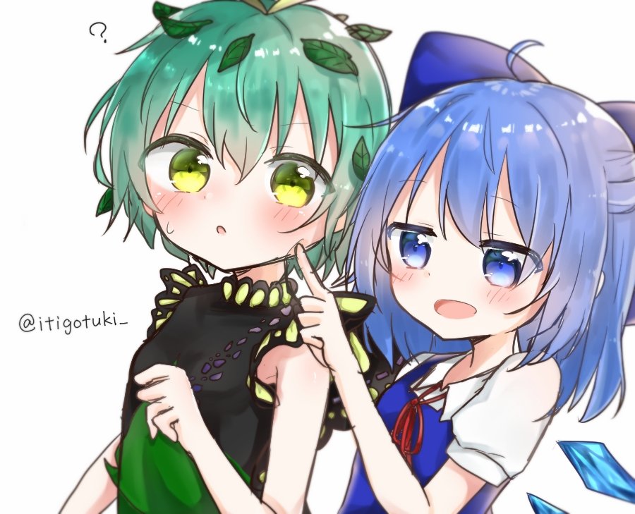 2girls ? antennae aqua_hair bad_id bad_twitter_id blue_bow blue_eyes blue_hair blush bow butterfly_wings cirno collared_shirt commission detached_wings dress eternity_larva eyebrows_visible_through_hair fairy green_dress hair_between_eyes hair_bow ice ice_wings itigotuki leaf leaf_on_head multicolored_clothes multicolored_dress multiple_girls open_mouth shirt short_hair short_sleeves simple_background single_strap third-party_source touhou twitter_username upper_body white_background white_shirt wings yellow_eyes