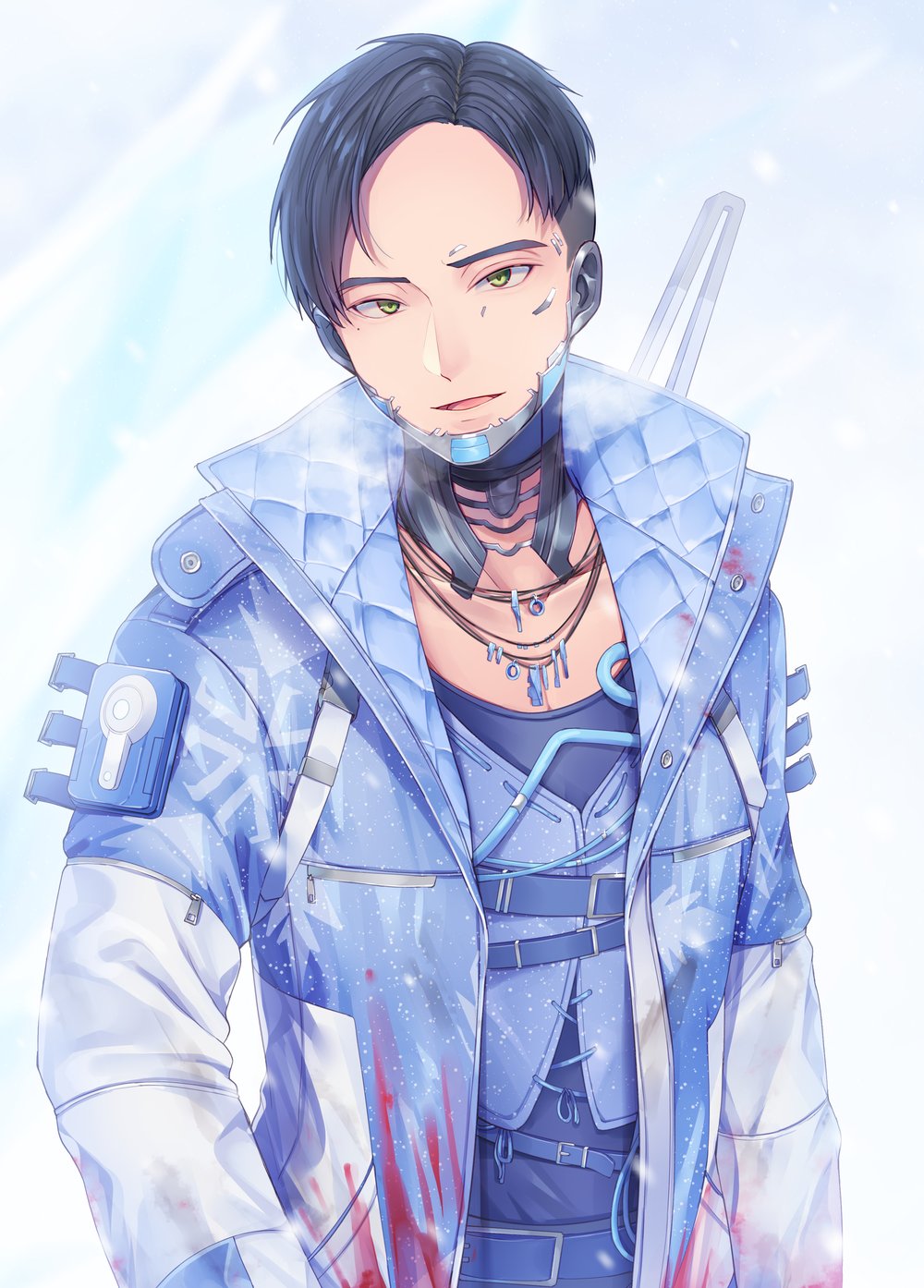 apex_legends black_hair blood blood_on_clothes blue_jacket blue_shirt blue_vest collarbone crypto_(apex_legends) green_eyes head_tilt highres jacket jewelry looking_at_viewer momoirone necklace parted_hair shirt smile snowflakes undercut upper_body vest