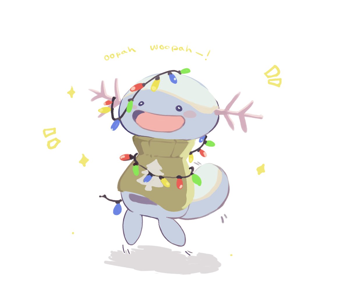 blush christmas_lights clothed_pokemon english_commentary euphie_vt jumping no_humans open_mouth pokemon pokemon_(creature) shadow smile sparkle white_background wooper