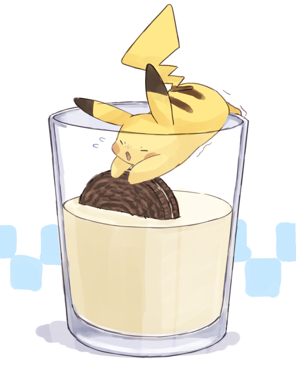 balancing closed_eyes cookie cup drinking_glass flying_sweatdrops food full_body grabbing highres milk misonikomiii no_humans open_mouth oreo oversized_food oversized_object pikachu pokemon pokemon_(creature) sandwich_cookie simple_background trembling white_background