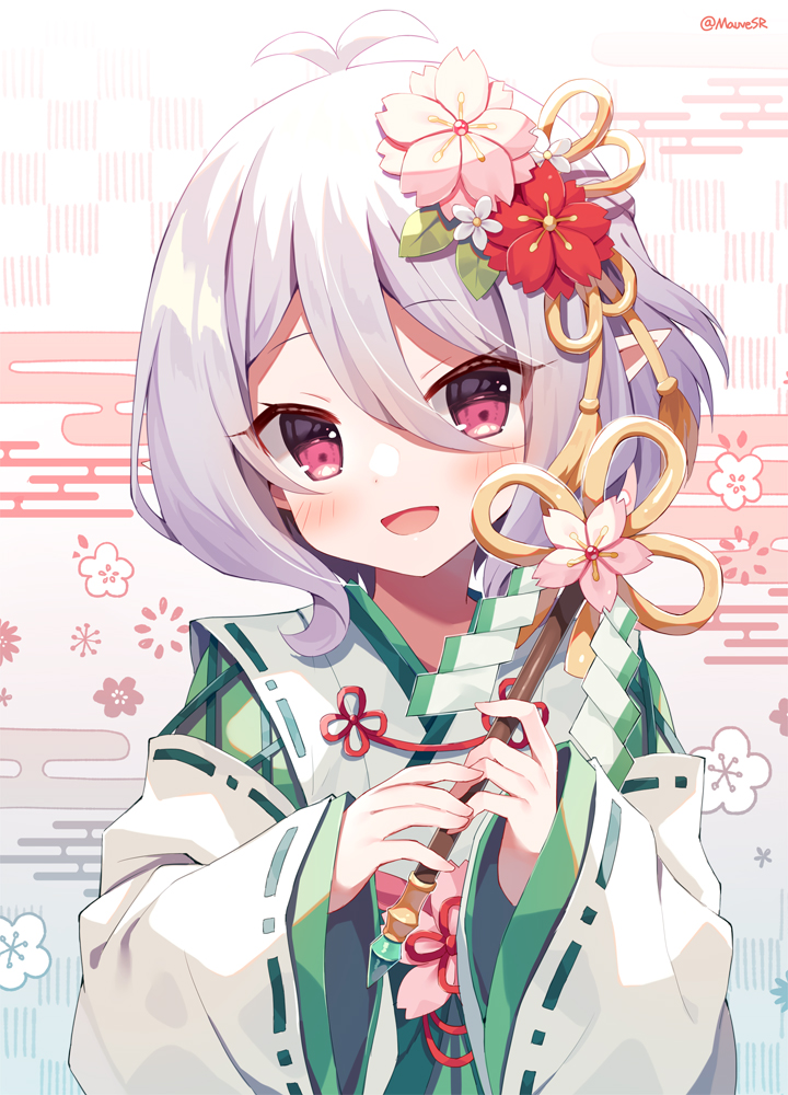 1girl :d antenna_hair bangs blush commentary_request egasumi elf eyebrows_visible_through_hair floral_background flower grey_hair hair_between_eyes hair_flower hair_ornament hands_up holding japanese_clothes kimono kokkoro_(princess_connect!) long_sleeves looking_at_viewer mauve pink_flower pointy_ears princess_connect! red_eyes red_flower ribbon-trimmed_sleeves ribbon_trim sleeves_past_wrists smile solo twitter_username upper_body white_flower white_kimono wide_sleeves