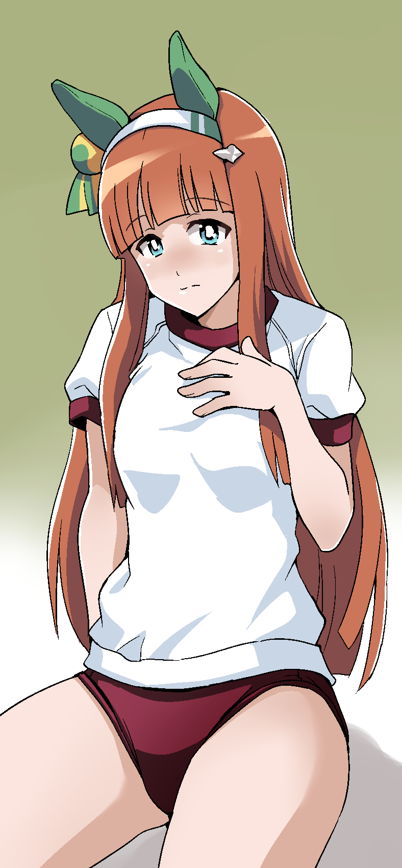 1girl animal_ears aqua_eyes blush bright_pupils brown_background buruma closed_mouth commentary eyebrows_visible_through_hair frown gradient gradient_background gym_shirt gym_uniform half-closed_eyes hand_on_own_chest highres hime_cut horse_ears long_hair looking_at_viewer orange_hair ponzu_rui red_buruma shadow shirt short_sleeves silence_suzuka_(umamusume) sitting solo umamusume white_pupils white_shirt