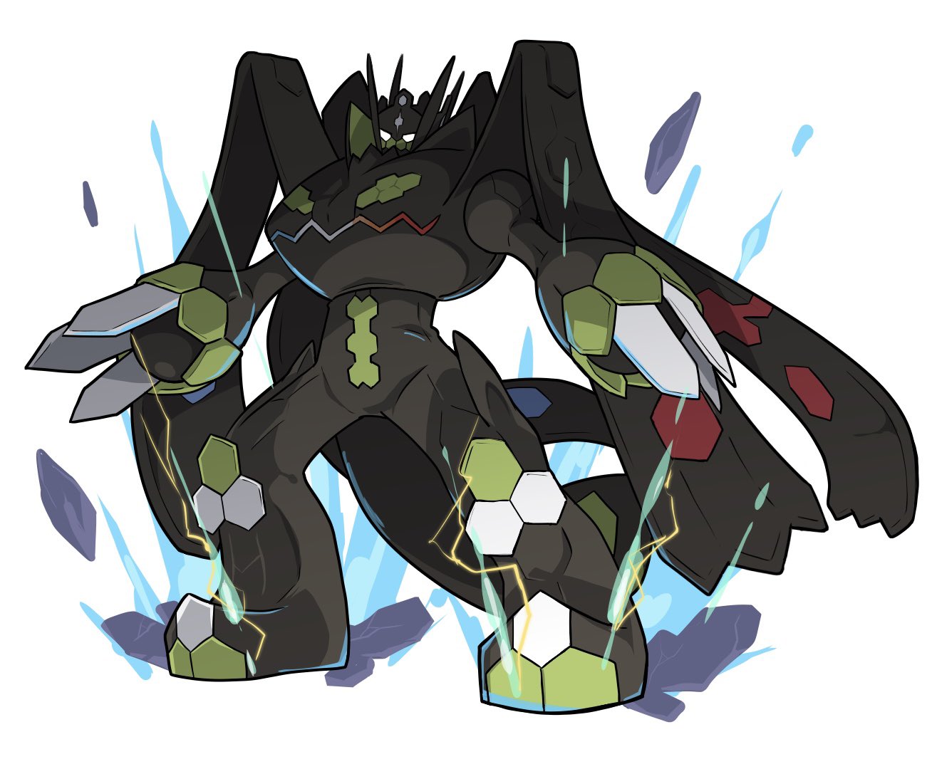 claws commentary_request energy full_body looking_at_viewer no_humans pokemon pokemon_(creature) poyo_party rock solo standing white_background white_eyes zygarde zygarde_(complete)