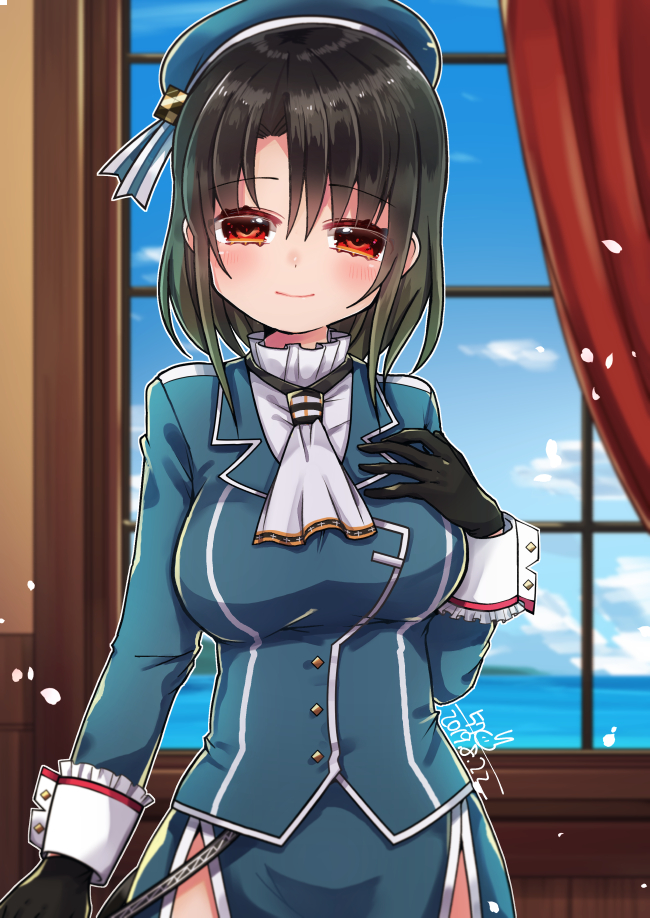 1girl 57_(kona) arm_under_breasts bangs beret black_gloves black_hair blue_headwear breasts closed_mouth gloves grey_background hat high_collar highres kantai_collection large_breasts military military_uniform red_eyes short_hair takao_(kantai_collection) uniform white_neckwear