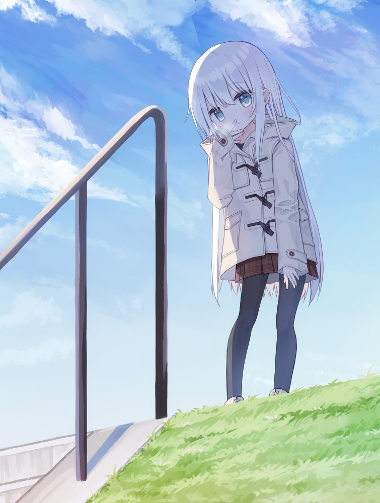 1girl black_legwear blue_sky breath brown_skirt bunny_girl_(yuuhagi_(amaretto-no-natsu)) closed_mouth clouds coat day green_eyes hand_up hood hood_down hooded_coat long_hair long_sleeves looking_at_viewer original outdoors pantyhose plaid plaid_skirt pleated_skirt railing shoes skirt sky sleeves_past_wrists solo stairs standing stone_stairs very_long_hair white_coat white_footwear white_hair yuuhagi_(amaretto-no-natsu)