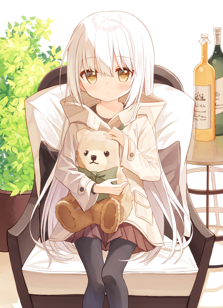 1girl armchair bangs black_legwear blush bottle brown_eyes brown_jacket brown_shirt brown_skirt bunny_girl_(yuuhagi_(amaretto-no-natsu)) chair closed_mouth eyebrows_visible_through_hair feet_out_of_frame hair_between_eyes jacket long_hair long_sleeves looking_at_viewer object_hug on_chair original pantyhose plant pleated_skirt potted_plant shirt sitting skirt sleeves_past_wrists solo stuffed_animal stuffed_toy table teddy_bear very_long_hair white_background white_hair wide_sleeves yuuhagi_(amaretto-no-natsu)