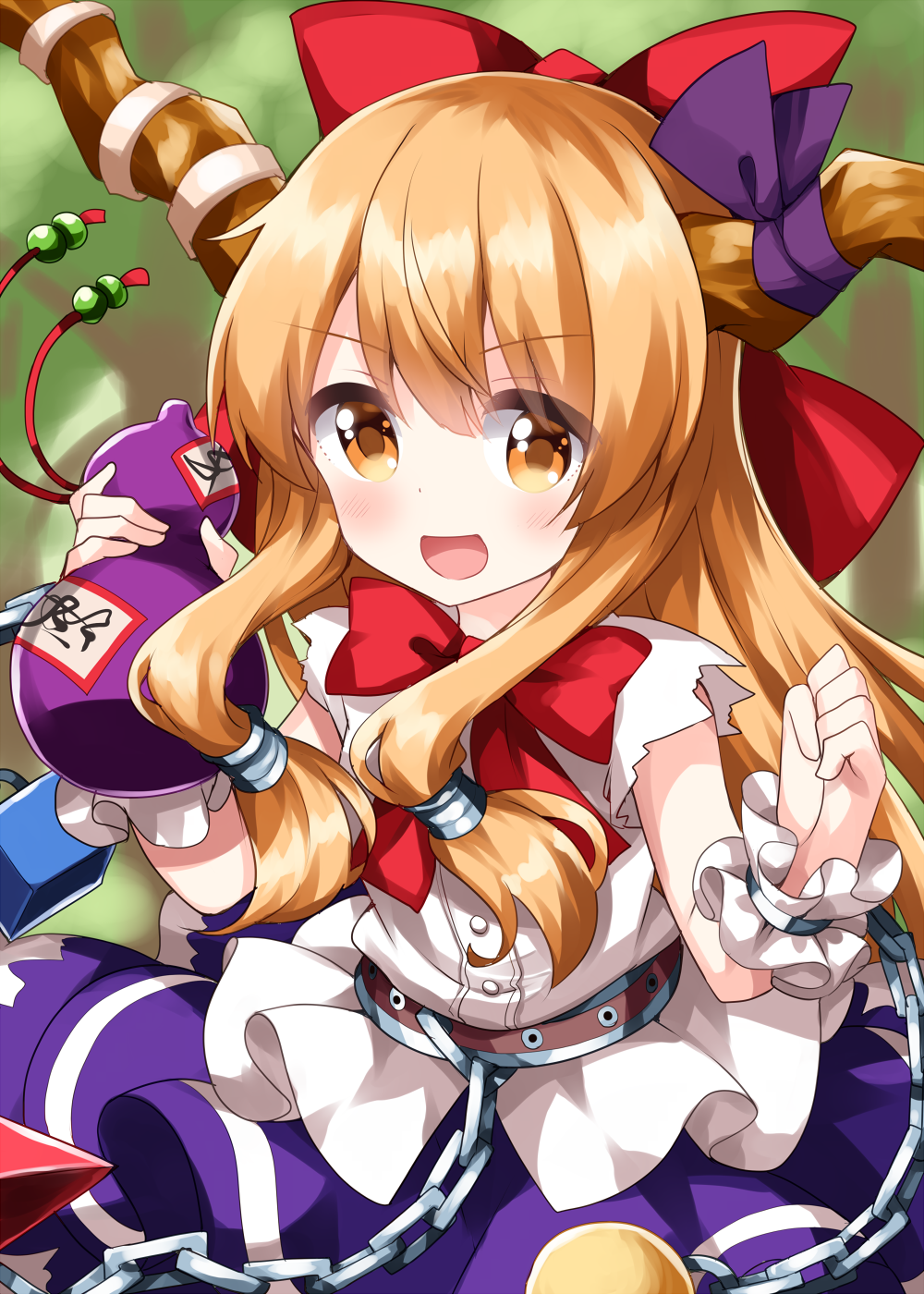 1girl blush bow chain eyebrows_visible_through_hair gourd hair_between_eyes hair_bow highres holding horn_ornament horn_ribbon horns ibuki_suika long_hair oni_horns open_mouth orange_eyes orange_hair purple_ribbon purple_skirt red_bow ribbon ruu_(tksymkw) shirt sidelocks skirt smile solo torn_clothes torn_sleeves touhou white_shirt