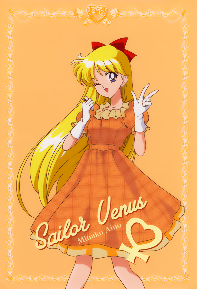 1990s_(style) 1girl aino_minako bangs bishoujo_senshi_sailor_moon blonde_hair blue_eyes bow character_name dress eyebrows_visible_through_hair feet_out_of_frame gloves hair_bow long_hair looking_at_viewer official_art one_eye_closed open_mouth orange_background orange_dress orange_theme puffy_short_sleeves puffy_sleeves retro_artstyle short_sleeves solo venus_symbol w white_gloves