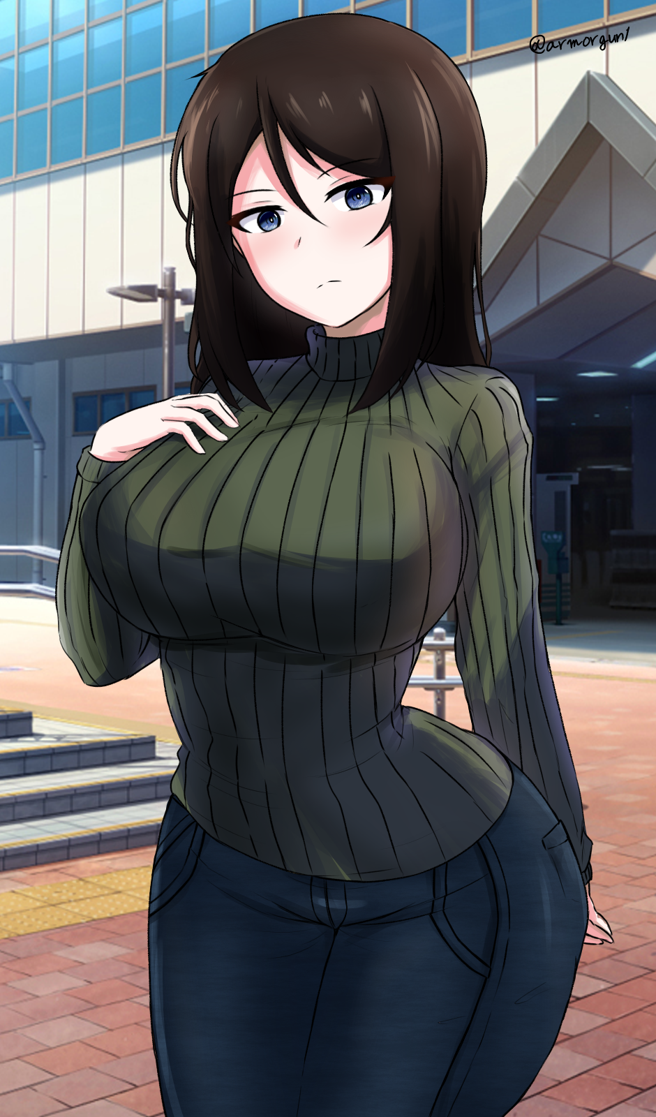 1girl arm_behind_back armorganger bangs black_hair black_pants blue_eyes blush breasts building casual closed_mouth commentary_request cowboy_shot day denim frown girls_und_panzer green_sweater hand_on_own_chest highres huge_breasts jeans korean_commentary long_hair looking_at_viewer mixed-language_commentary nonna_(girls_und_panzer) outdoors pants partial_commentary ribbed_sweater solo standing sweater swept_bangs turtleneck