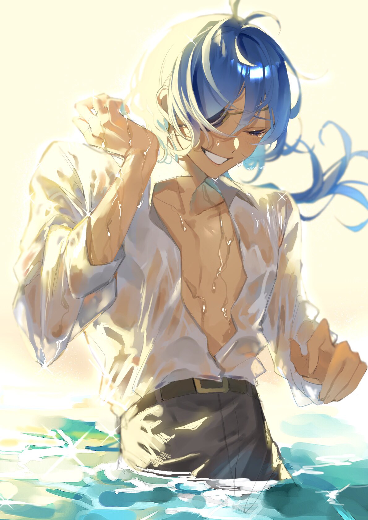 1boy antenna_hair bangs black_pants blue_hair blush closed_eyes dark-skinned_male dark_skin eyepatch genshin_impact hair_between_eyes highres kaeya_(genshin_impact) long_hair male_focus multicolored_hair open_clothes open_shirt pants partially_submerged shirt solo streaked_hair syusyu_043 water wet wet_clothes wet_shirt white_shirt