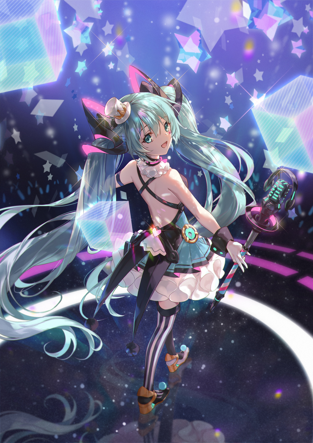 1girl aqua_eyes aqua_hair arm_strap backless_dress backless_outfit bangs bare_shoulders black_legwear breasts collar commentary dress eyebrows_visible_through_hair facial_mark frilled_collar frilled_dress frills from_behind full_body glowing hair_between_eyes hair_ornament hat hatsune_miku high_heels highres long_hair looking_at_viewer looking_back microphone microphone_stand mini_hat open_mouth outstretched_arms ouu_min reflection small_breasts smile solo standing star_(symbol) striped striped_legwear twintails very_long_hair vocaloid white_headwear white_legwear wrist_cuffs