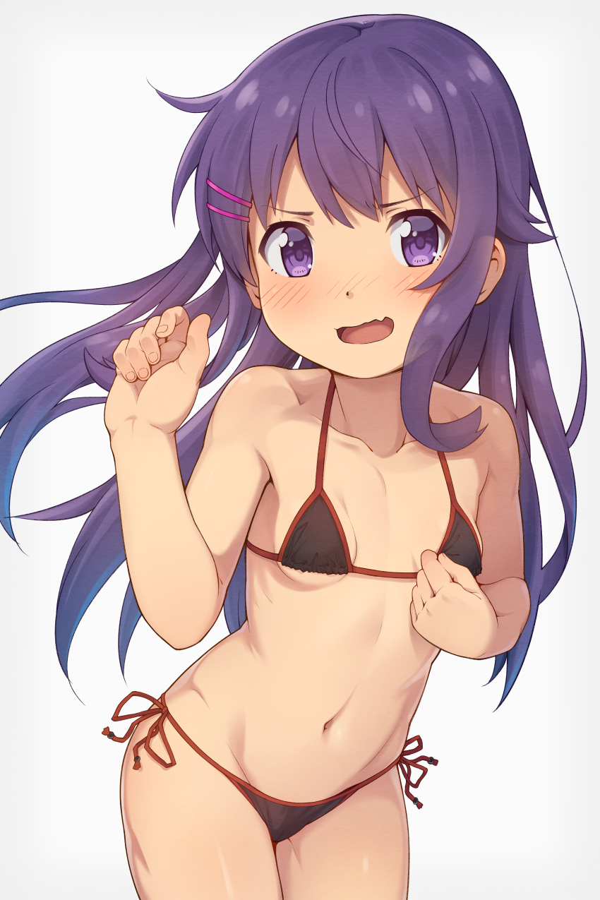 1girl akatsuki_(kancolle) bare_arms bare_legs bare_shoulders bikini black_bikini blush breasts collarbone cowboy_shot fang hair_between_eyes highres jabittoson kantai_collection long_hair navel open_mouth purple_hair revision reward_available simple_background skin_fang small_breasts solo swimsuit violet_eyes