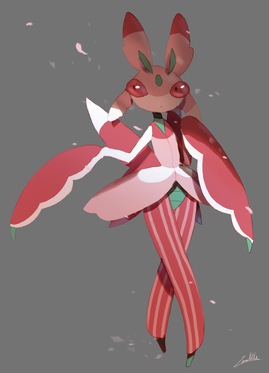1girl antennae arthropod_girl artist_name black_eyes colored_sclera colored_skin commentary crossed_legs english_commentary full_body green_skin hand_up highres looking_to_the_side lurantis parted_lips petals pink_skin pokemon pokemon_(creature) red_sclera signature solo standing watson_cross white_skin zambiie