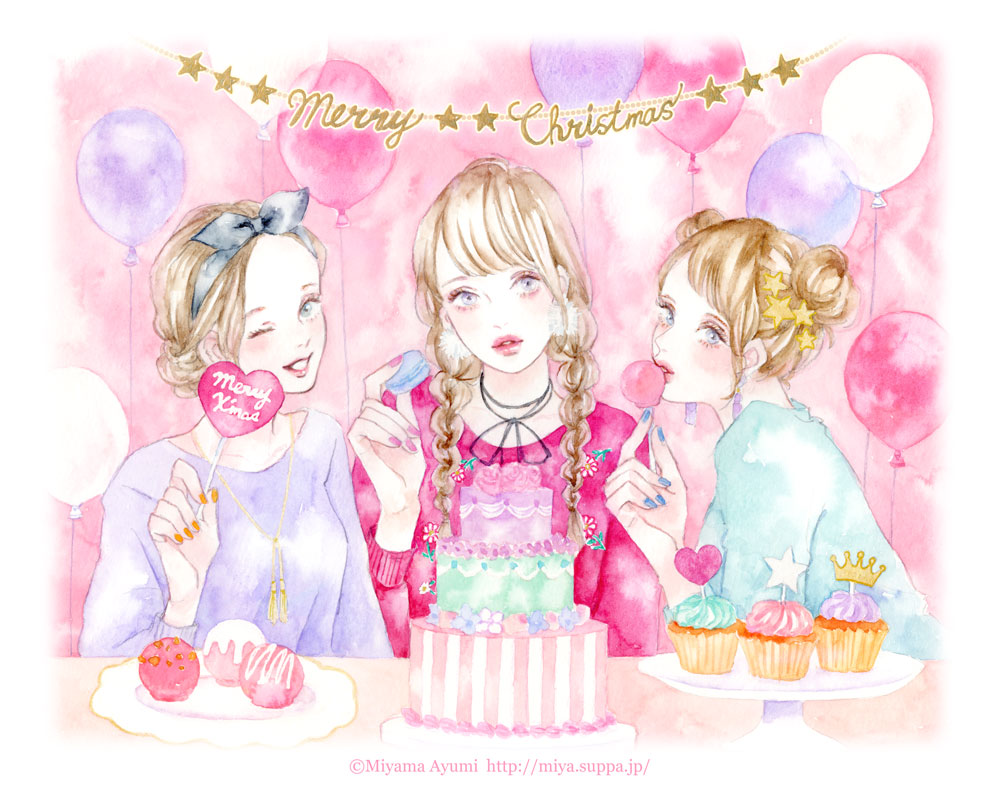 3girls artist_name balloon blue_eyes blue_nails braid brown_hair cake choker christmas cupcake double_bun earrings food hair_bun hair_ornament hairband holding holding_food jewelry layer_cake lips looking_at_viewer looking_to_the_side miya_(akatabi_dante) multiple_girls nail_polish necklace one_eye_closed original pink_nails pom_pom_(clothes) pom_pom_earrings ribbon_choker smile star_(symbol) star_hair_ornament sweater twin_braids web_address yellow_nails