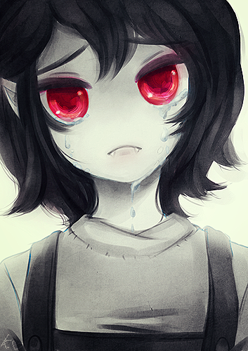 adventure_time black_hair colored_skin crying demon_girl grey_skin lowres marceline_abadeer pepaaminto pointy_ears red_pupils sad short_hair vampire younger