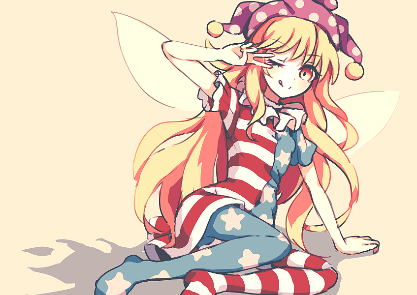 1girl :p american_flag_dress american_flag_legwear bangs blonde_hair clownpiece dise dress eyebrows_visible_through_hair fairy fairy_wings frilled_shirt_collar frills hat jester_cap long_hair neck_ruff one_eye_closed pantyhose pink_eyes polka_dot short_dress simple_background solo tongue tongue_out touhou v v_over_eye very_long_hair wings yellow_background