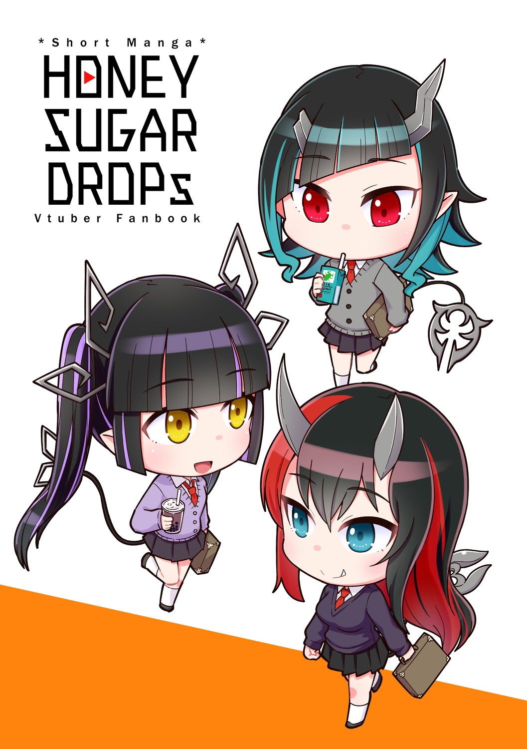 3girls alternate_costume bangs black_hair black_skirt black_sweater blue_eyes blue_hair blunt_bangs breasts bubble_tea chibi closed_mouth collared_shirt commentary_request cover cover_page cup demon_girl demon_horns demon_tail doujin_cover drinking_straw eyebrows_visible_through_hair flat_chest full_body grey_sweater highres holding holding_cup holding_suitcase horns ishimari juice_box kojo_anna large_breasts long_hair miniskirt multicolored_hair multiple_girls necktie open_mouth pointy_ears purple_hair purple_sweater red_eyes red_necktie redhead ryugasaki_rene shirt shishio_chris skirt small_breasts smile sugar_lyric suitcase sweater tail twintails two-tone_hair virtual_youtuber white_shirt yellow_eyes