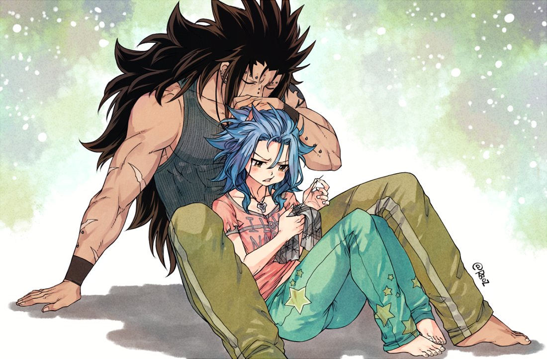 1boy 1girl bangs barefoot black_hair blue_hair blush brown_pants collarbone couple covered_abs ear_piercing fairy_tail gajeel_redfox gradient gradient_background green_pants grey_tank_top holding leaning_back levy_mcgarden long_hair medium_hair needle pants piercing pink_shirt revision rusky scar scar_on_arm sewing sewing_needle shirt sitting smile star_(symbol) tank_top teeth twitter_username