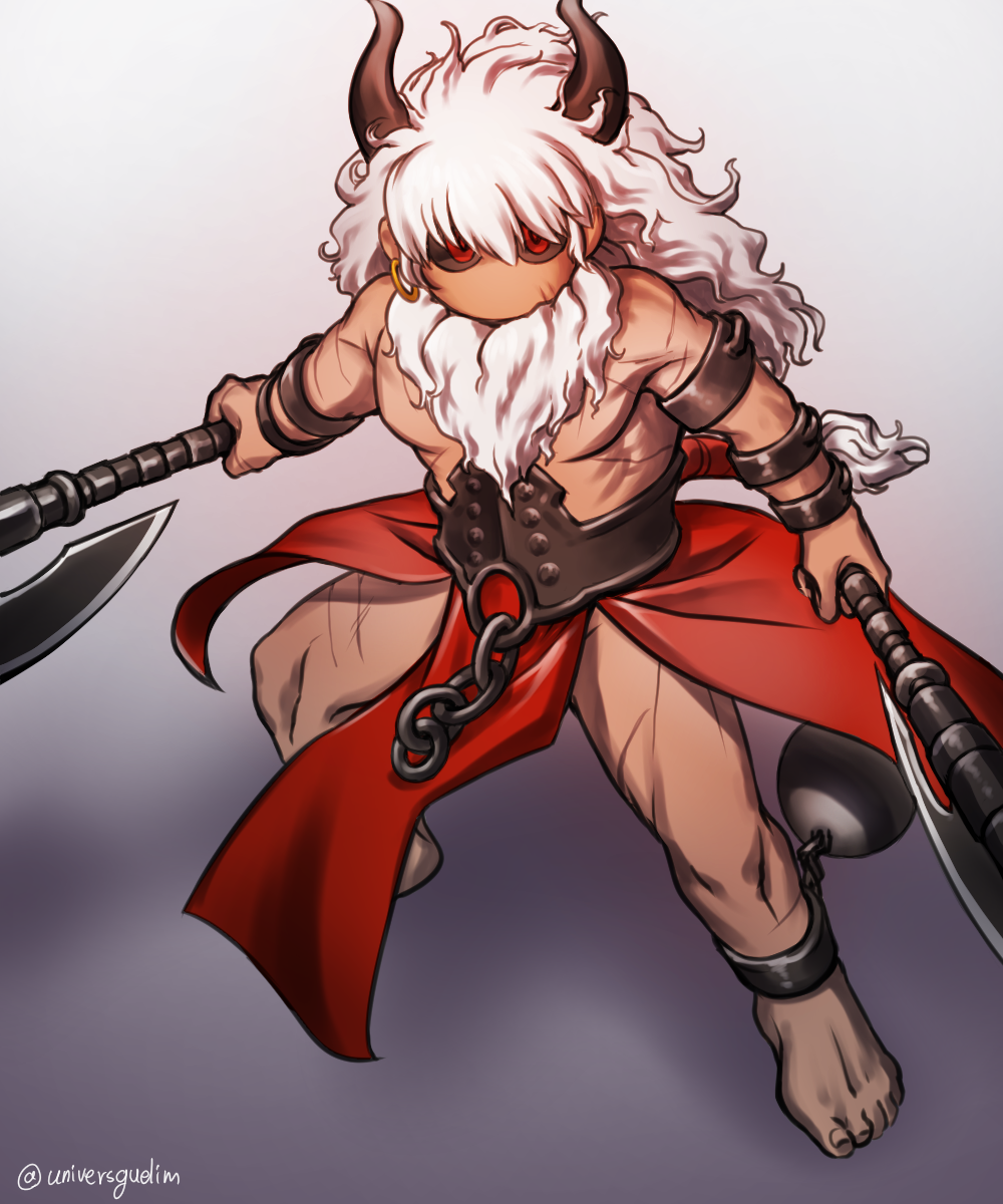 1boy asterios_(fate) axe beard black_sclera chibi colored_sclera cuffs demon_horns facial_hair fate/grand_order fate_(series) fighting_stance full_body handcuffs highres holding holding_axe horns long_beard long_hair looking_at_viewer m0m030m male_focus muscular muscular_male no_mouth pectorals pelvic_curtain red_eyes scar scar_on_leg solo thighs topless_male very_long_beard white_hair