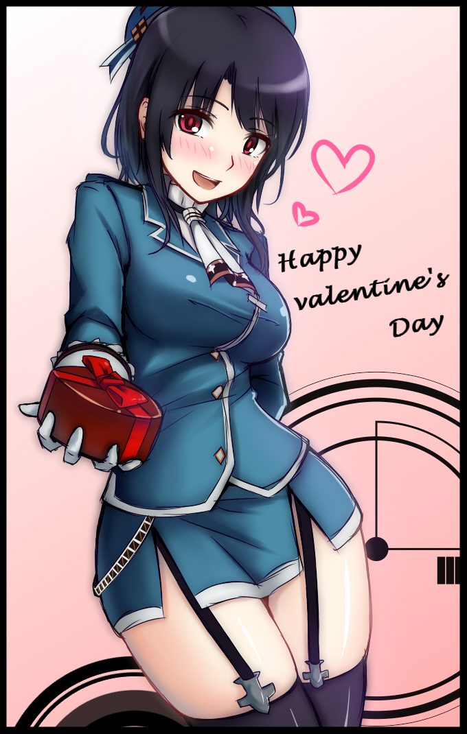 1girl arm_under_breasts bangs beret black_gloves black_hair blue_headwear breasts closed_mouth gayprince gloves grey_background happy_valentine hat high_collar highres kantai_collection large_breasts military military_uniform red_eyes short_hair takao_(kantai_collection) uniform valentine white_neckwear
