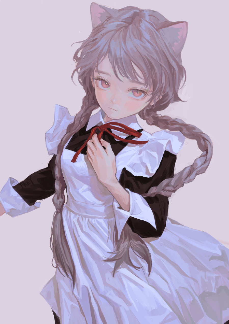 1girl animal_ears apron black_dress braid cat_ears closed_mouth dress feiqizi_(fkey) fkey grey_background hand_on_own_chest highres lcl long_hair long_sleeves looking_at_viewer maid neck_ribbon original red_ribbon ribbon simple_background solo twin_braids twintails very_long_hair white_apron