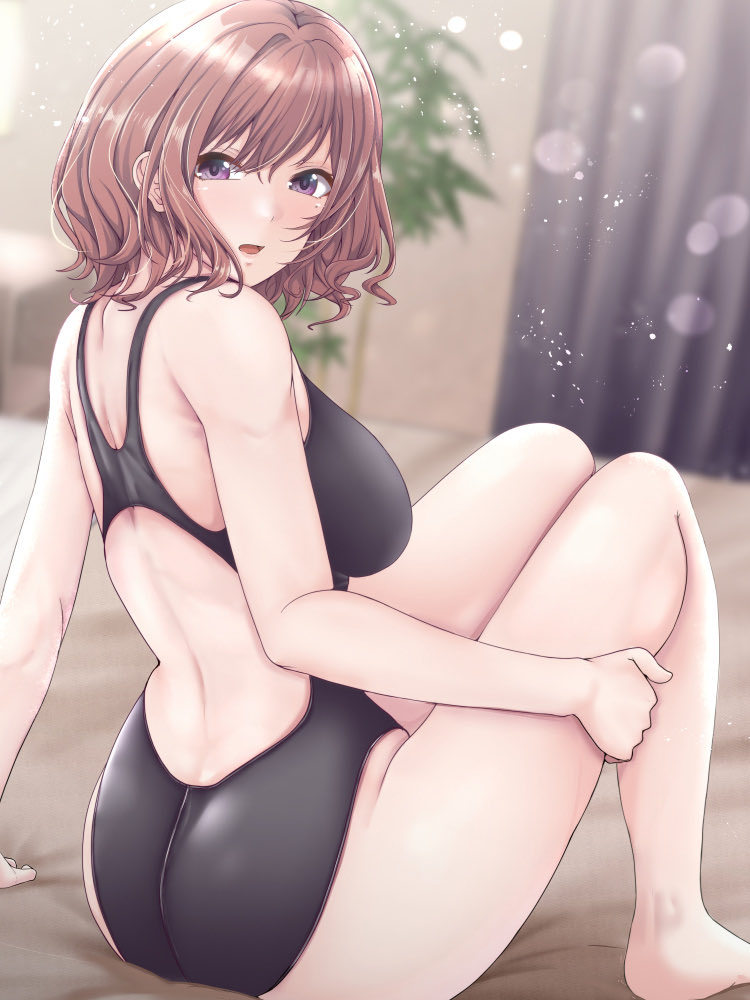 1girl ass bangs bed black_swimsuit brown_hair commentary_request competition_swimsuit curtains from_behind higuchi_madoka idolmaster idolmaster_shiny_colors indoors looking_at_viewer mole mole_under_eye on_bed one-piece_swimsuit plant shohei_(piranha5hk) short_hair sitting solo swept_bangs swimsuit