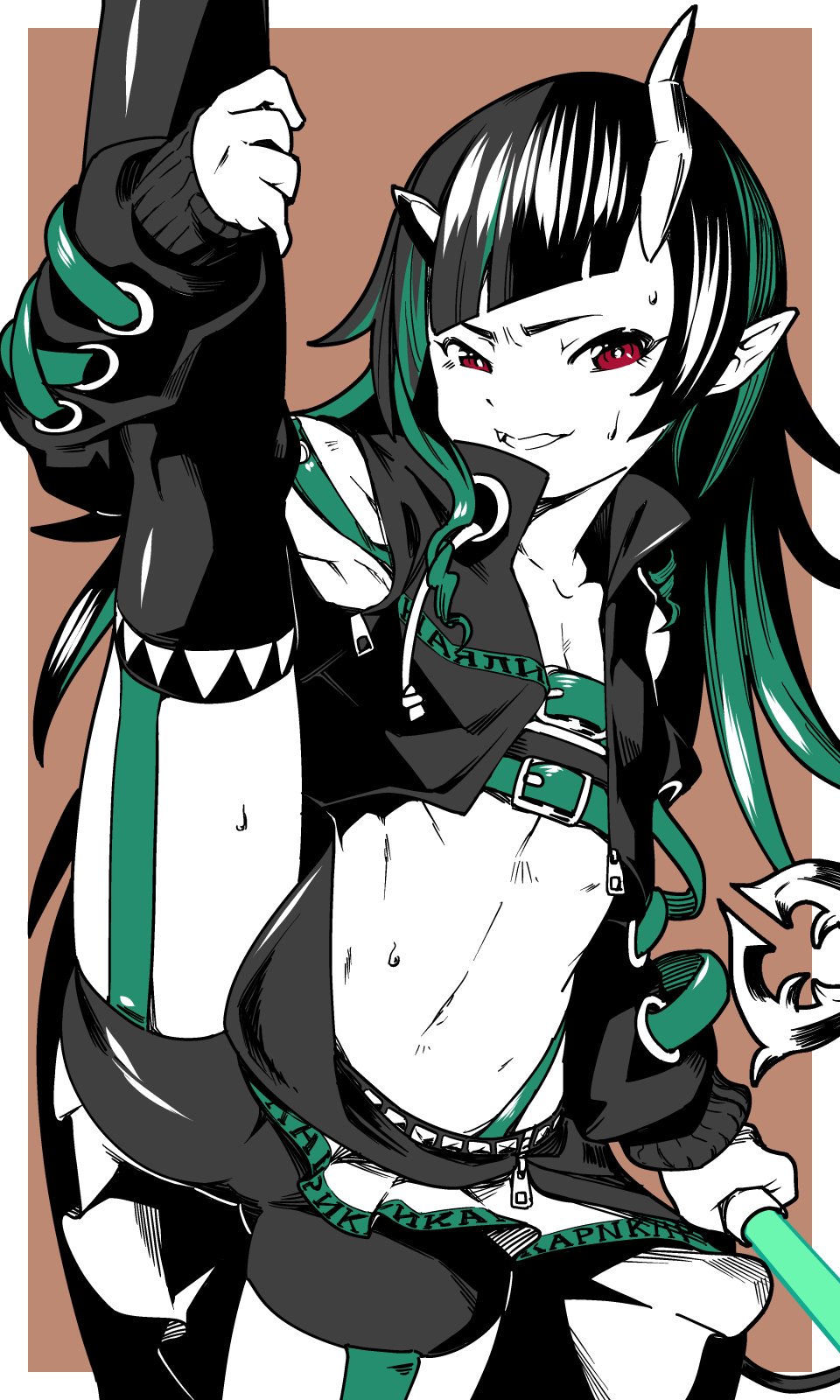 1girl bangs beltbra bike_shorts black_hair black_jacket black_legwear black_shorts black_skirt brown_background chest_belt clothing_cutout commentary_request cropped_jacket cross-laced_sleeves demon_girl demon_horns demon_tail fang feet_out_of_frame flat_chest garter_straps green_belt green_hair grin highleg highleg_panties highres horns jacket limited_palette long_hair long_sleeves looking_at_viewer midriff multicolored_hair nantyu-a navel open_clothes open_jacket panties pointy_ears red_eyes shishio_chris shorts shoulder_cutout single_thighhigh skirt smile solo split standing standing_on_one_leg standing_split sugar_lyric tail thigh-highs two-tone_background two-tone_hair underwear virtual_youtuber white_background zipper