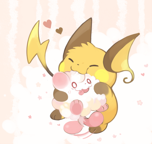 :3 ^_^ afterimage biting closed_eyes fangs full_body heart holding konanbo lowres no_humans open_mouth pokemon pokemon_(creature) raichu star_(symbol) sweatdrop swirlix tail tail_wagging tongue tongue_out white_background