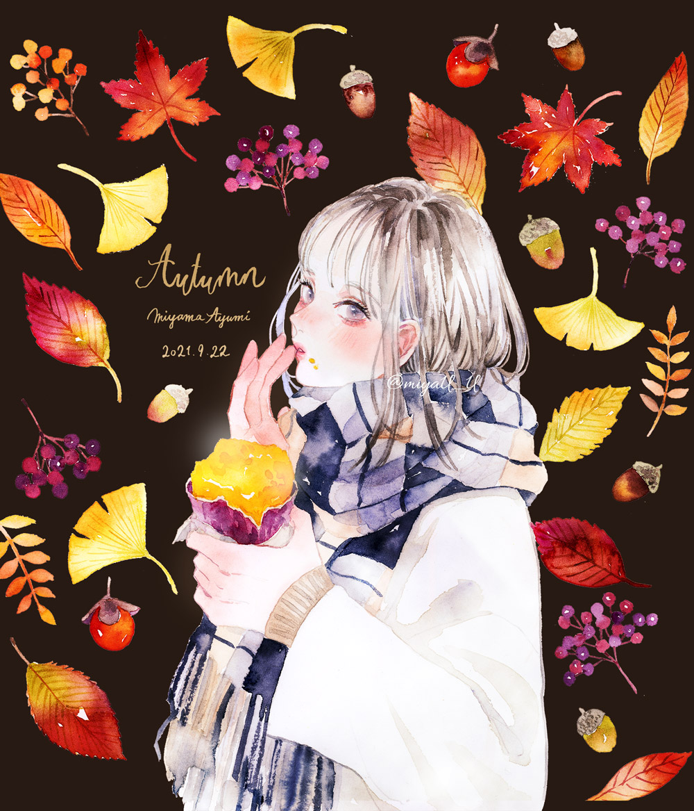 1girl acorn artist_name autumn blush brown_background brown_hair dated eating finger_to_mouth food from_side ginkgo_leaf holding holding_food leaf looking_at_viewer maple_leaf miya_(akatabi_dante) original painting_(medium) scarf sweet_potato traditional_media violet_eyes watercolor_(medium) yakiimo