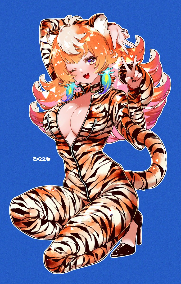 1girl 2022 ;d alternate_costume animal_print aqua_hair arm_up arms_behind_head black_choker black_footwear black_nails blue_background bodysuit breasts chinese_zodiac choker commentary eyebrows_visible_through_hair fangs full_body heart heart_choker high_heels highres hololive hololive_english large_breasts long_hair long_sleeves mamaloni multicolored_hair nail_polish one_eye_closed open_bodysuit open_mouth orange_hair outline partially_unzipped print_bodysuit shoes simple_background smile solo symbol-only_commentary takanashi_kiara tiger_print v violet_eyes virtual_youtuber w white_outline year_of_the_tiger zipper