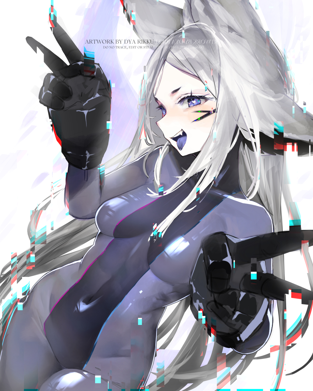 1girl animal_ears artist_name black_gloves bodysuit breasts colored_tongue covered_navel double_v dyarikku dyarikku_(vtuber) fang fox_ears fox_girl glitch gloves head_tilt heart heart-shaped_pupils highres long_hair parted_hair purple_bodysuit purple_tongue skin_tight small_breasts solo symbol-shaped_pupils tongue tongue_out v very_long_hair vguyen virtual_youtuber