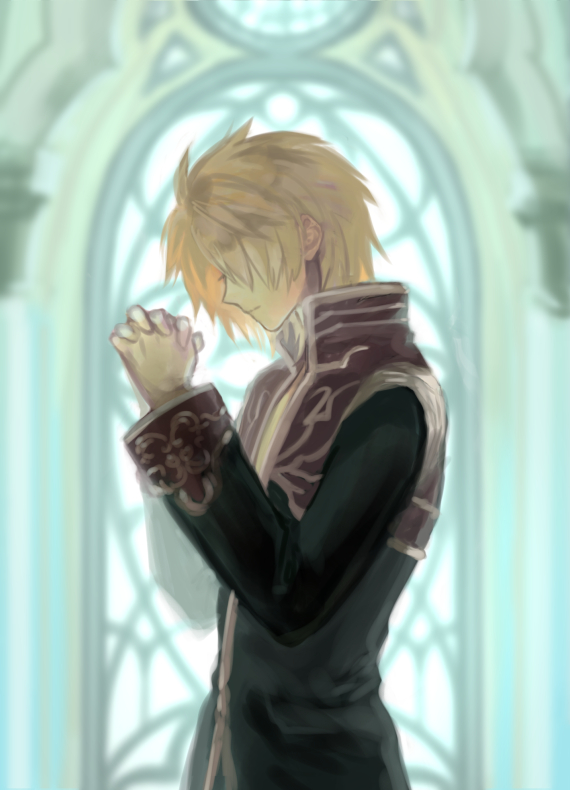 1boy bangs black_coat blonde_hair closed_mouth coat commentary_request cowboy_shot indoors interlocked_fingers long_sleeves looking_down male_focus misuguu open_clothes open_coat own_hands_together priest_(ragnarok_online) ragnarok_online red_coat short_hair solo stained_glass two-tone_coat