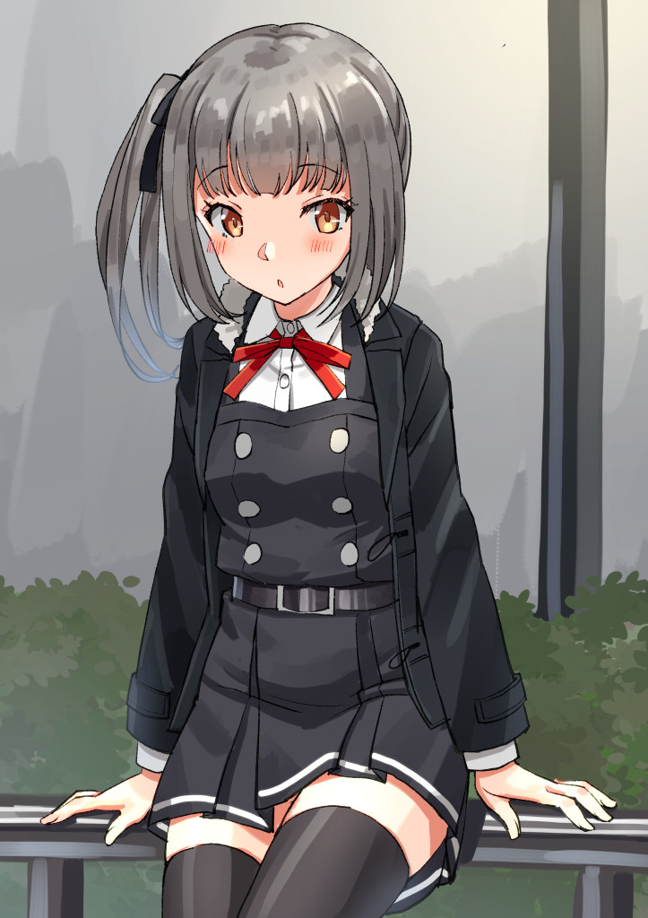 1girl black_coat black_dress black_legwear black_ribbon blush brown_eyes coat collared_shirt dress eyebrows_visible_through_hair grey_hair hair_ribbon kantai_collection kasumi_(kancolle) long_hair long_sleeves mayura2002 open_clothes open_coat parted_lips pinafore_dress remodel_(kantai_collection) ribbon shirt side_ponytail solo thigh-highs white_shirt