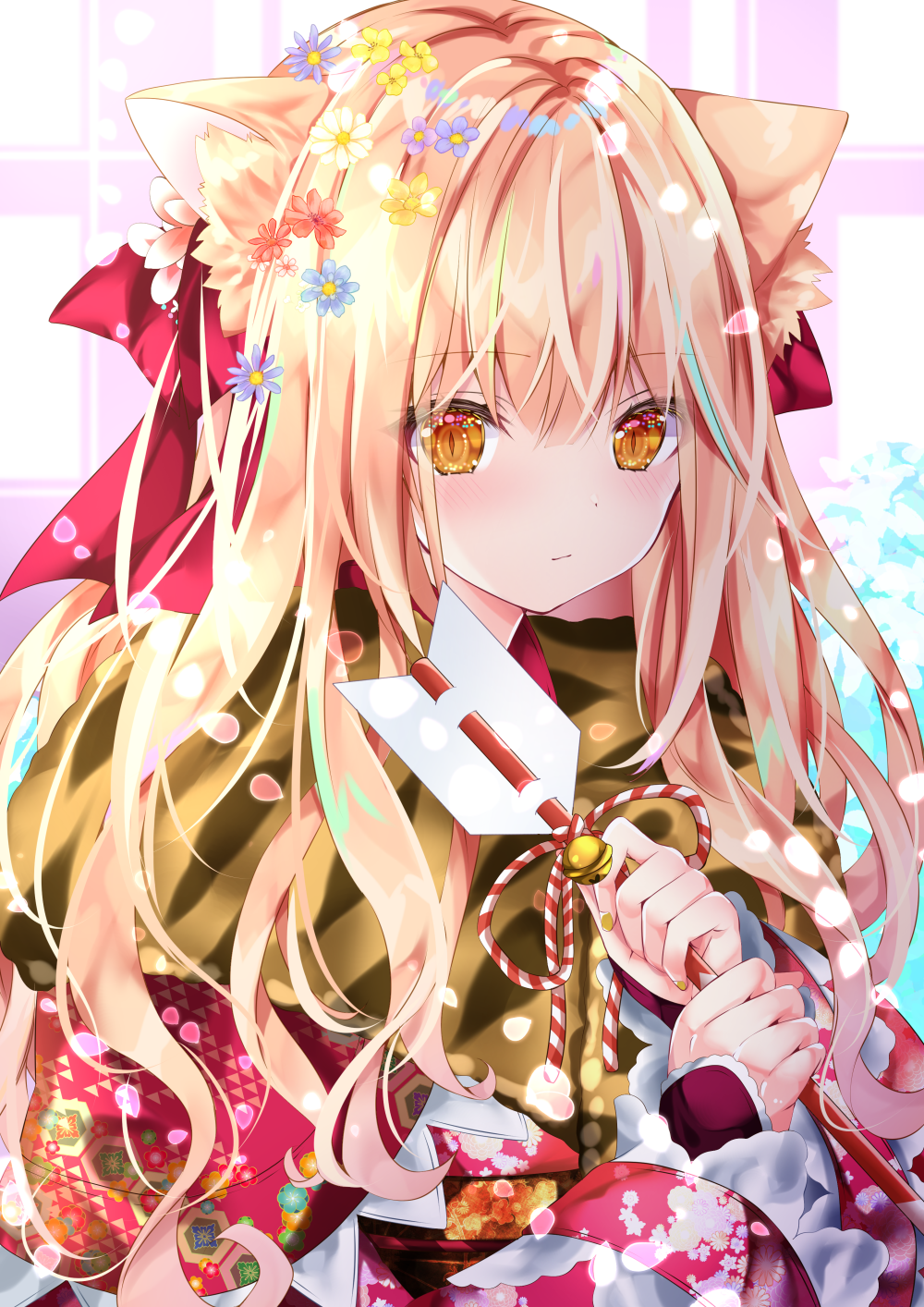 1girl animal_ear_fluff animal_ears arrow_(projectile) bangs bell blonde_hair blue_flower blush brown_eyes cat_ears closed_mouth commentary_request eyebrows_visible_through_hair floral_print flower hair_between_eyes hair_flower hair_ornament hamaya highres holding holding_arrow japanese_clothes jingle_bell kimono long_hair long_sleeves looking_at_viewer nanase_kureha nanase_nao original print_kimono purple_flower red_flower red_kimono sleeves_past_wrists solo white_flower yellow_flower