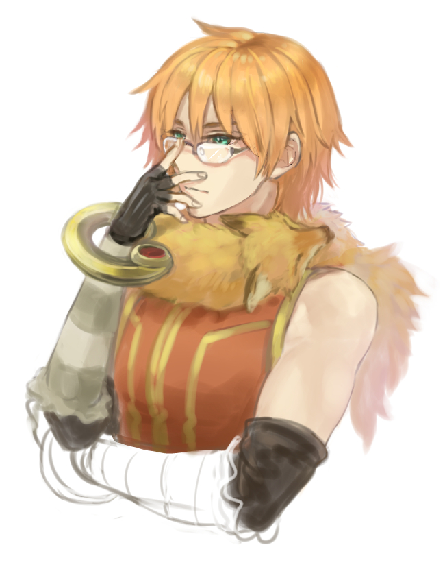 1boy adjusting_eyewear animal_around_neck bangle black_gloves bracelet closed_mouth commentary_request cropped_torso detached_sleeves elbow_gloves expressionless fingerless_gloves fox glasses gloves green_eyes grey_sleeves jewelry looking_afar male_focus misuguu orange_hair professor_(ragnarok_online) ragnarok_online red_shirt rimless_eyewear shiny shiny_skin shirt short_hair simple_background sleeveless sleeveless_shirt solo striped_sleeves upper_body white_background