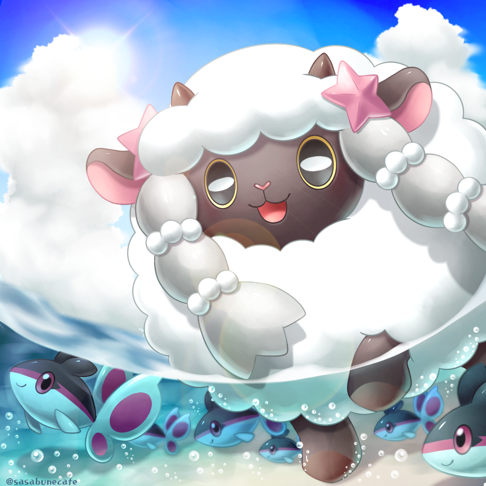 :d air_bubble bubble clouds commentary_request day finneon fish no_humans open_mouth outdoors partially_underwater_shot pokemon pokemon_(creature) sasabunecafe sky smile tongue wooloo