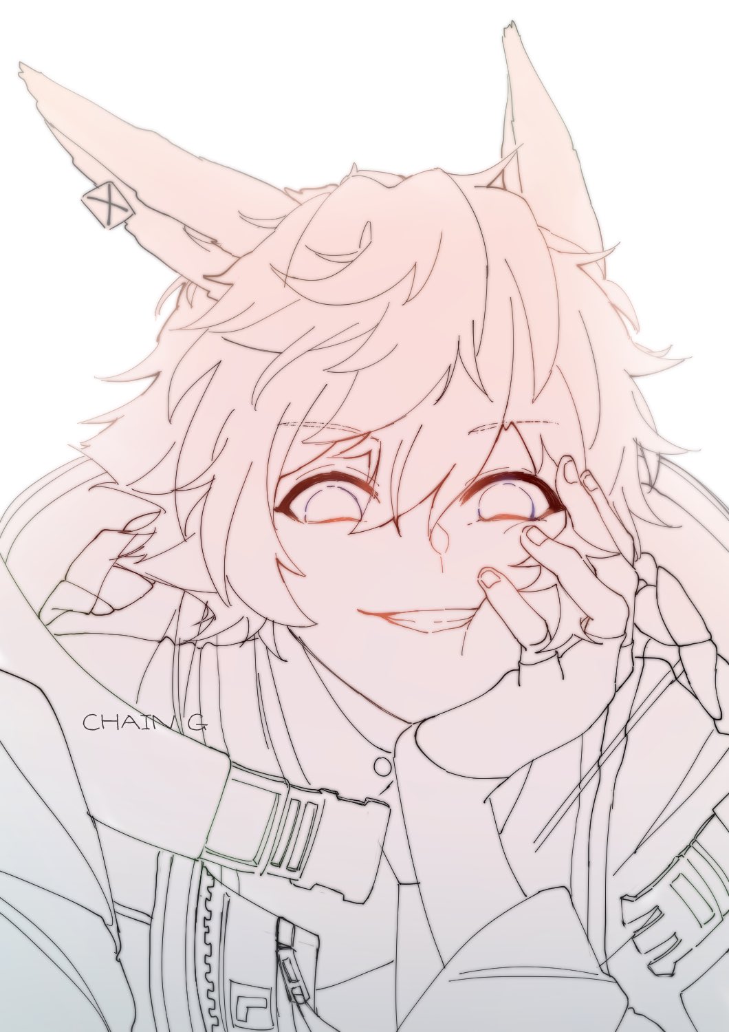 1boy animal_ears arknights artist_name bishounen cg_wwdd eyebrows_visible_through_hair fingerless_gloves gloves hand_on_own_face highres jacket leonhardt_(arknights) lineart looking_at_viewer male_focus rabbit_boy rabbit_ears short_hair sketch smirk upper_body